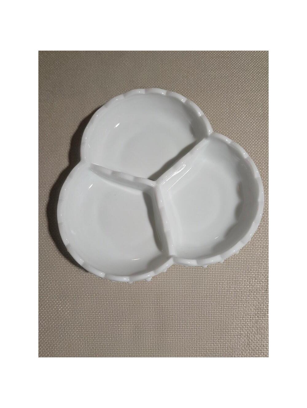 Vintage Fenton White Milk Glass Hobnail 3-Part Relish Dish Scalloped Edge
